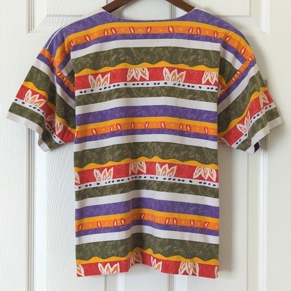 Liz Sport 90's Vintage Funky Striped Round Neck Side Slit Short Sleeve T-shirt M - Picture 9 of 10